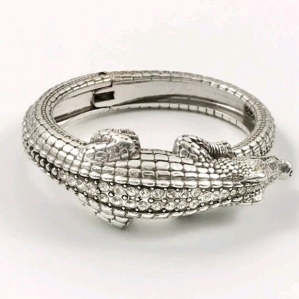 Brighton Later Gator Swarovski Crystal Silver Alligator Hinged Bangle Bracelet - Picture 2 of 16